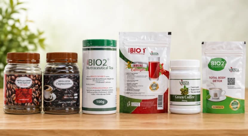 A selection of Viesta teas, coffees, and nutrition products