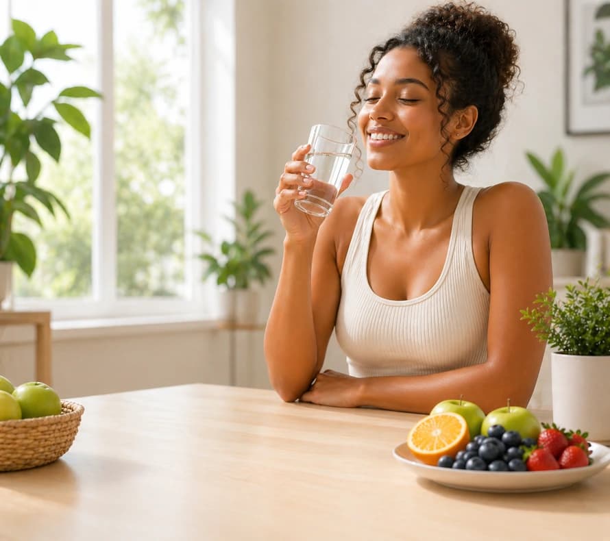 A person enjoying water beside fresh fruit in a bright, plant-filled room