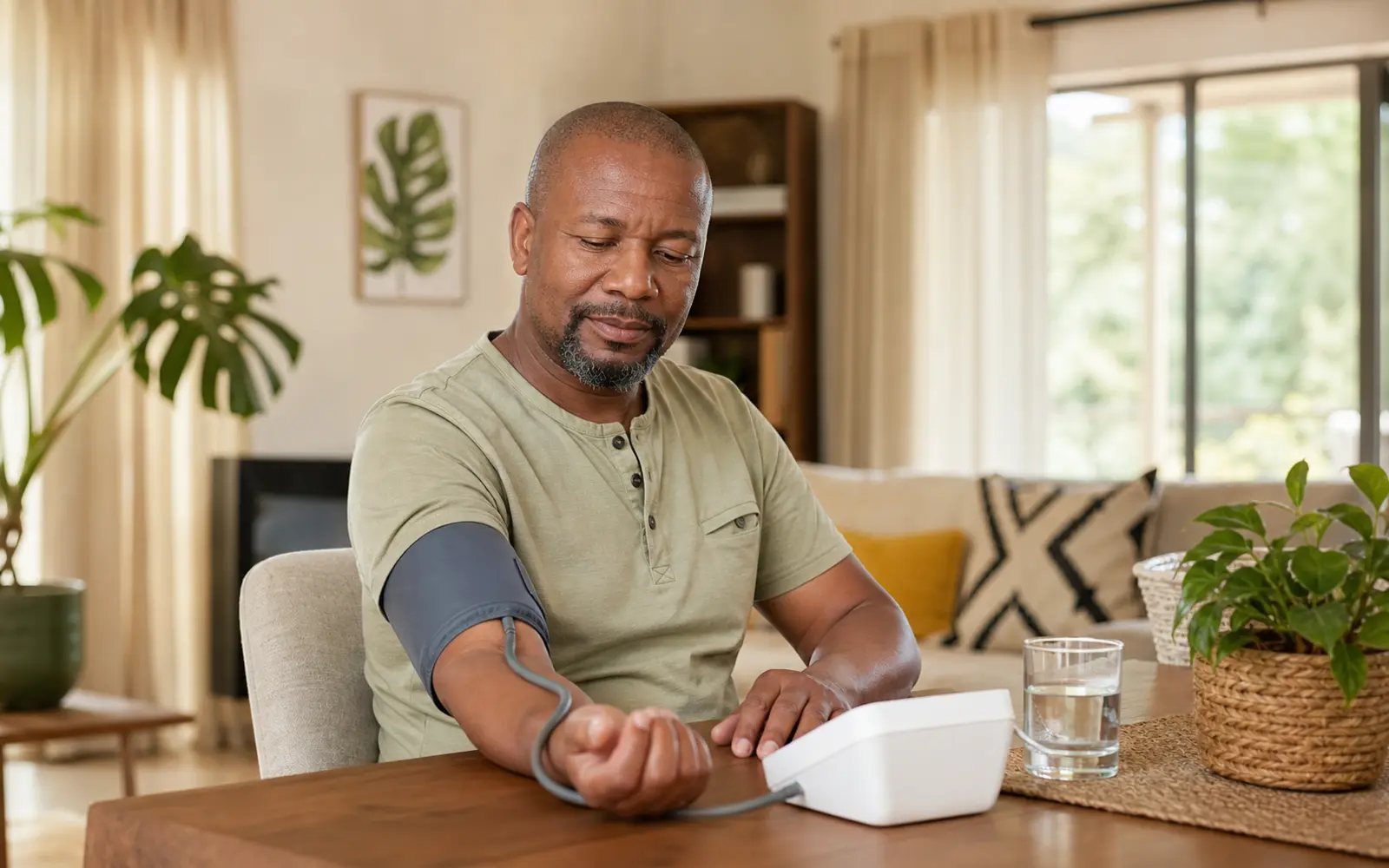 An adult calmly checking their blood pressure at home