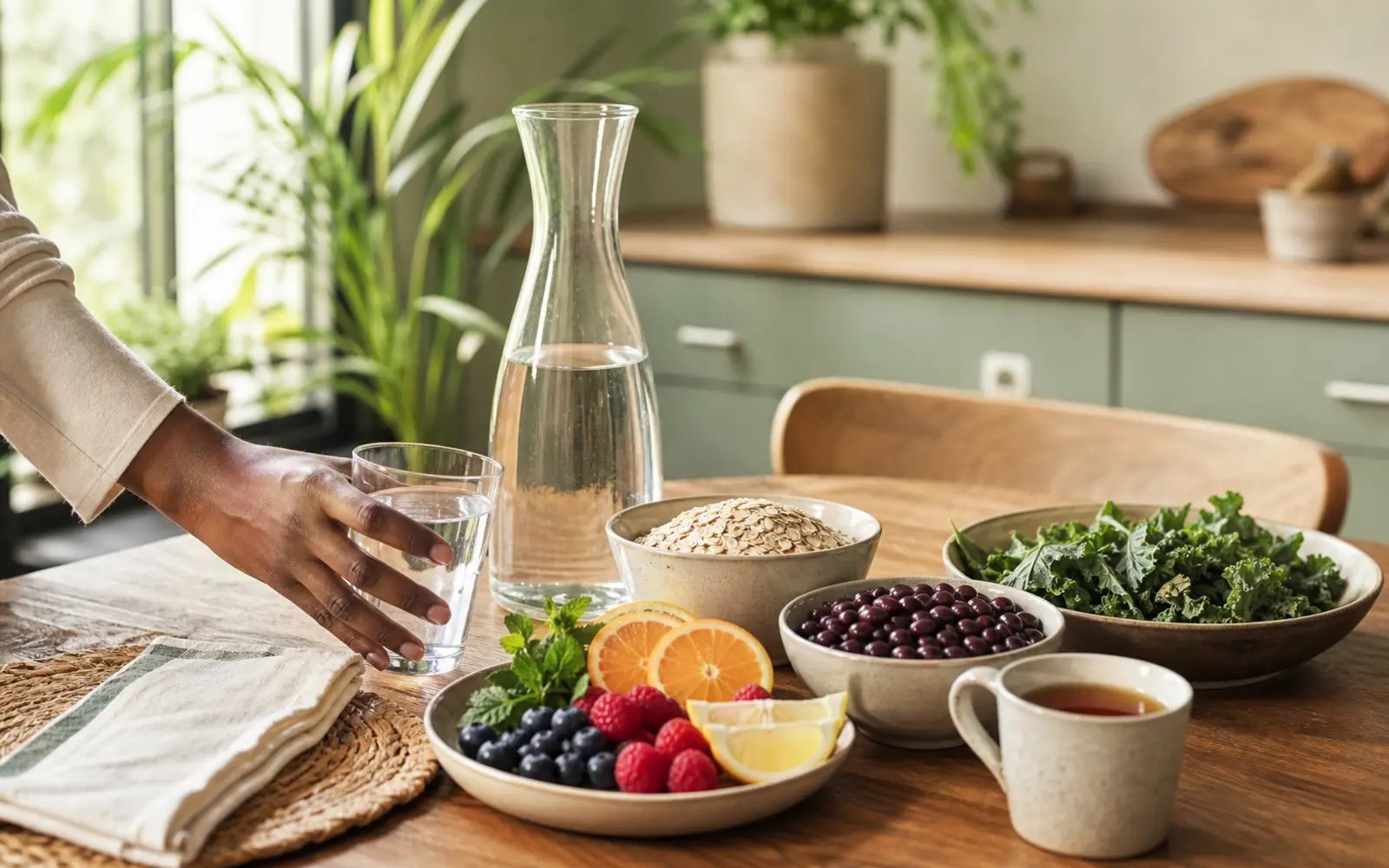 Water, vegetables, fruit, and tea arranged for balanced everyday meals