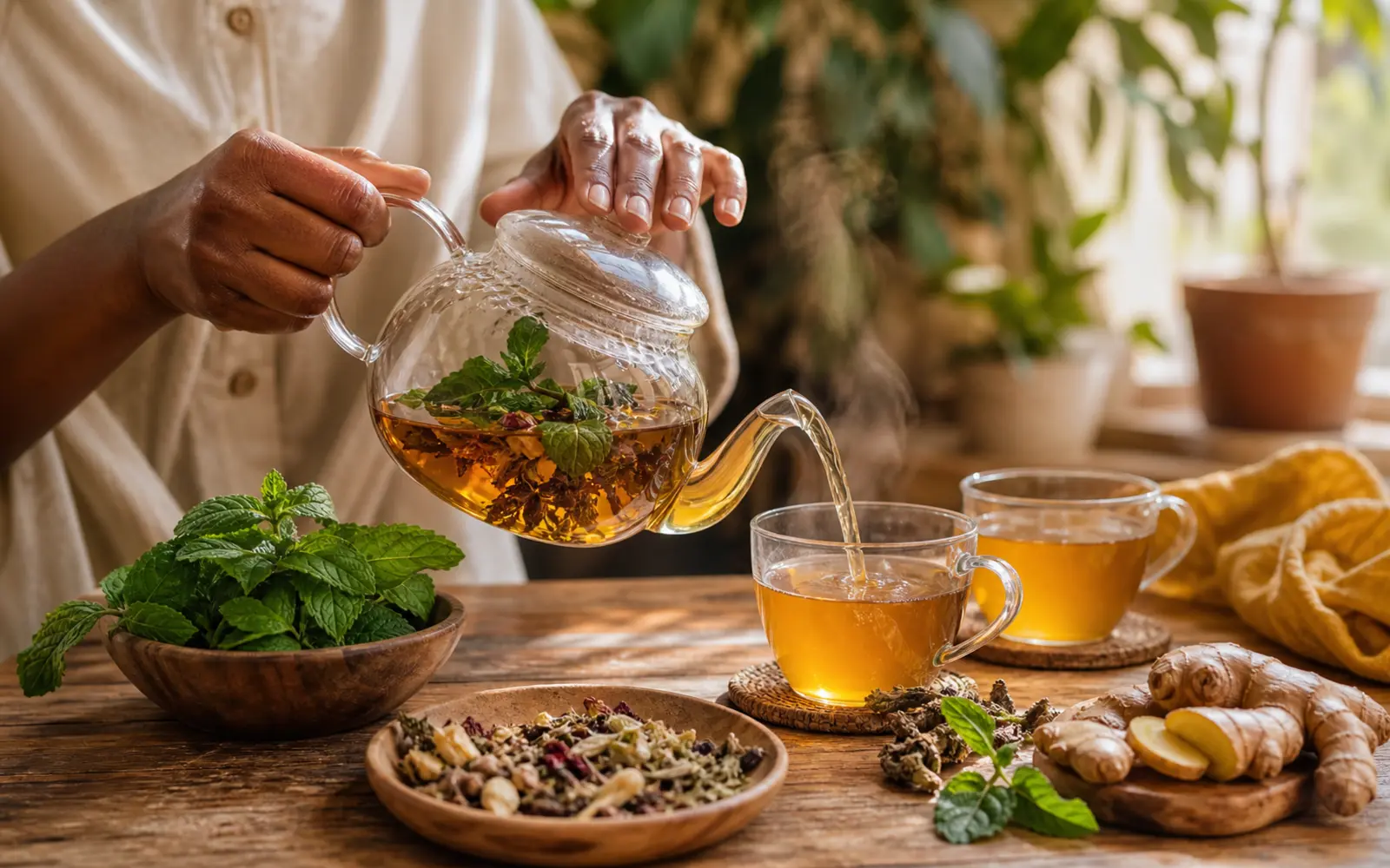 Herbal tea being prepared in a warm and calm kitchen setting