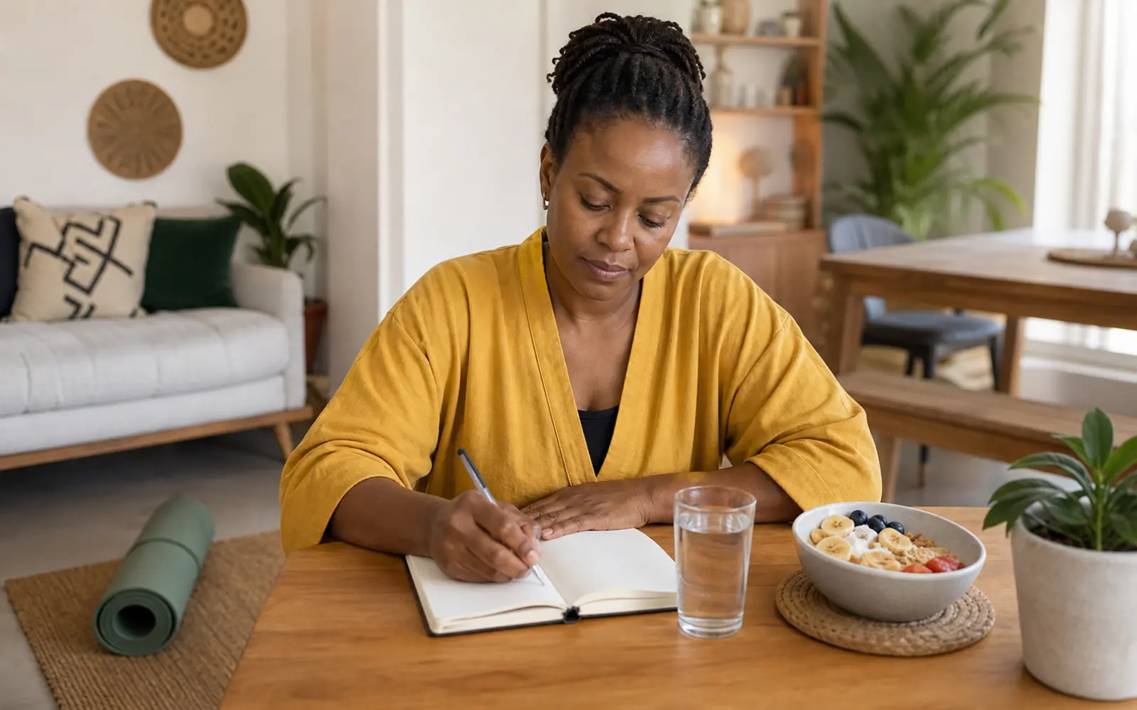 A woman following a calm and balanced everyday wellness routine