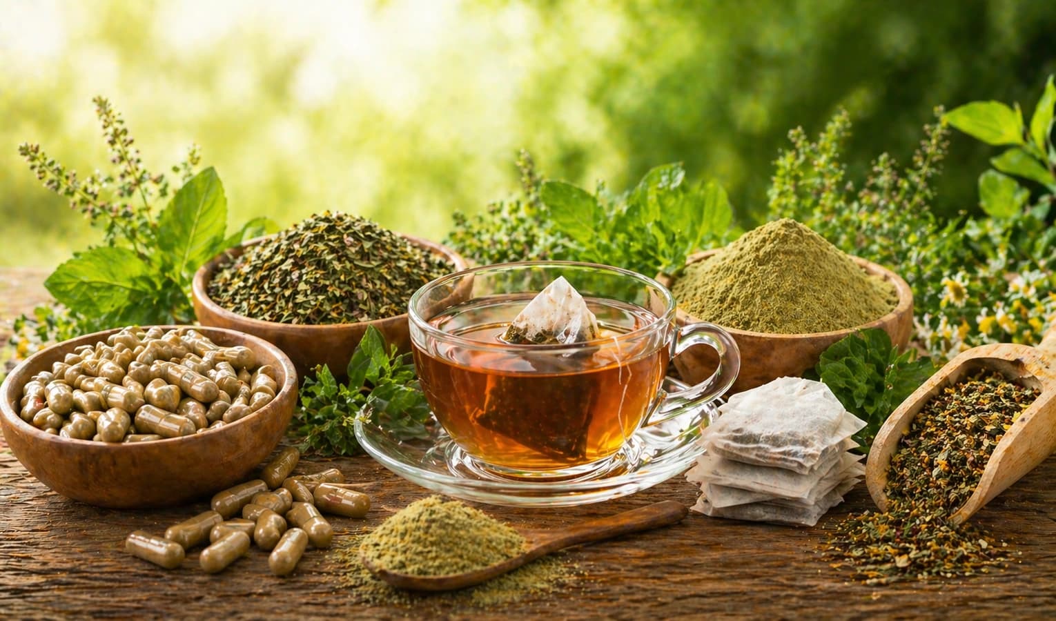 Herbal tea, plant ingredients, and nutrition capsules representing nature-inspired wellness